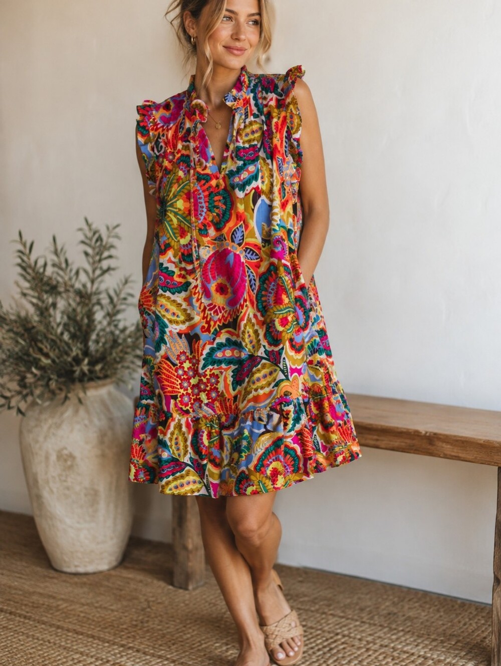 Maia Size 8 Colorful Floral Paisley Ruffle Shift Dress Boho Sleeveless
